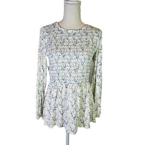 Matilda Jane Women's Smocked Peplum Baby Doll Top Size Small Floral Long Sleeve